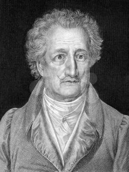 Johann Wolfgang von Goethe (1749-1832) on engraving from 1859. German writer, artist and politician. Engraved by C.Barth and published in Meyers Konversations-Lexikon, Germany,1859.