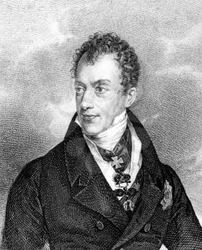 Klemens von Metternich (1773-1859) on engraving from 1859. German-born Austrian politician and statesman. Engraved by unknown artist and published in Meyers Konversations-Lexikon, Germany,1859.