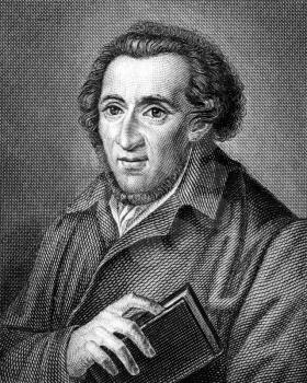 Moses Mendelssohn (1729-1786) on engraving from 1859. German Jewish philosopher. Engraved by unknown artist and published in Meyers Konversations-Lexikon, Germany,1859.