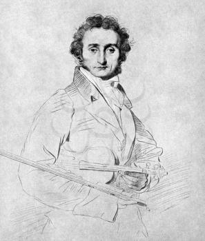 Niccolo Paganini (1782-1840) on antique print from 1899. Italian violinist, violist, guitarist and composer. After Calamatta and published in the 19th century in portraits, Germany, 1899.