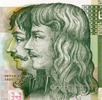 Petar Zrinski (1621-1671) and Fran Krsto Frankopan (1643-1771) on 5 Kuna 2001 Banknote from Croatia.  Attempted to throw off Habsburg and other foreign influences over Hungary and Croatia.