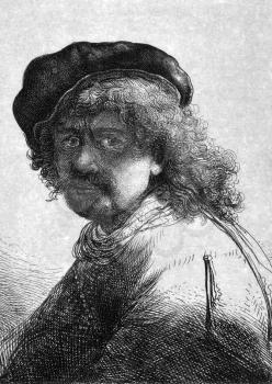 Rembrandt (1606-1669) on engraving from 1859. Dutch painter and etcher. Engraved by unknown artist and published in Meyers Konversations-Lexikon, Germany,1859.

