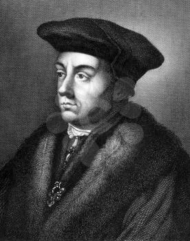 Thomas Cromwell (1485-1540) on engraving from 1859.  English statesman that served as chief minister of King Henry VIII during 1532-1540. Engraved by unknown artist and published in Meyers Konversatio