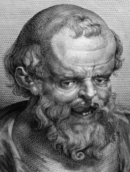 Democritus (460BC-370BC) on engraving from 1788. 
Ancient Greek philosopher. The most influental pre-ocratic. His atomic theory may be regarded as the culmination of early Greek thought. He is conside