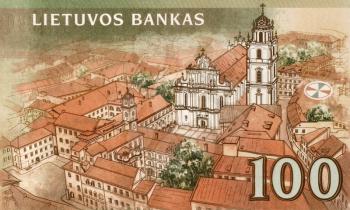 Vilnius old town on 100 Litu 2007 banknote from Lithuania.