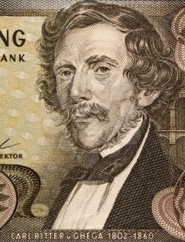 Carl Ritter von Ghega (1802-1860) on 20 schilling 1967 banknote from Austria. Designer of the Semmering Railway from Gloggnitz to Murzzuschlag.
