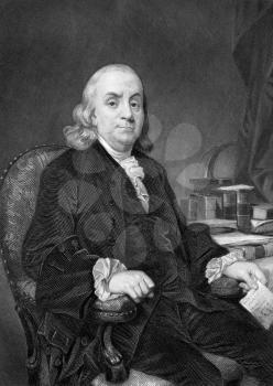 Benjamin Franklin (1706-1790) on engraving from 1873. One of the Founding Fathers of the United States. Engraved by unknown artist and published in ''Portrait Gallery of Eminent Men and Women with Bio