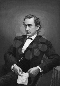 Edwin Booth (1833-1893) on engraving from 1873. Famous 19th century American actor. Engraved by unknown artist and published in ''Portrait Gallery of Eminent Men and Women with Biographies'',USA,1873.