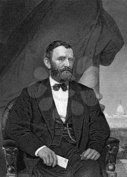 Ulysses S. Grant (1822-1885) on engraving from 1873.
18th President of the United States (1869-1877) and  military commander during the Civil War. Engraved by unknown artist and published in ''Portrai