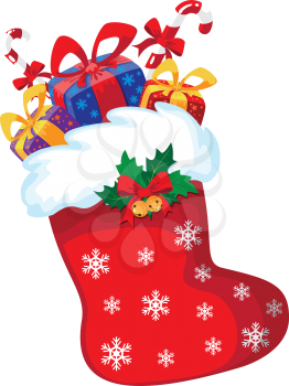 illustration of a Christmas stocking and snow with gifts
