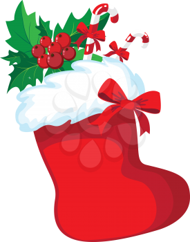 illustration of a Christmas stocking with gifts and holly
