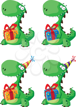 illustration of a cute dinosaur with a gift set