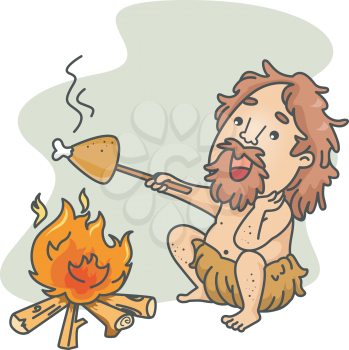 Royalty Free Clipart Image of a Caveman Roasting a Leg of Something