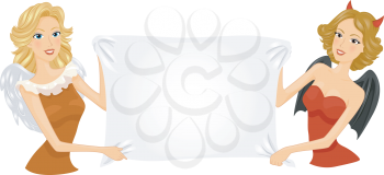 Royalty Free Clipart Image of an Angel and Devil With a Sign