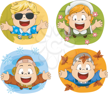 Royalty Free Clipart Image of a Collection of Children Representing the Four Seasons