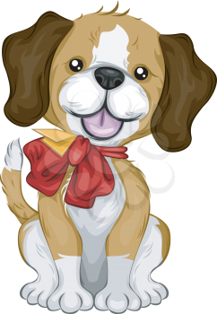 Royalty Free Clipart Image of a Puppy With a Red Bow