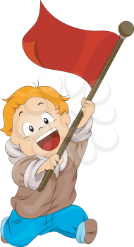 Royalty Free Clipart Image of a Boy Waving a Red Flag