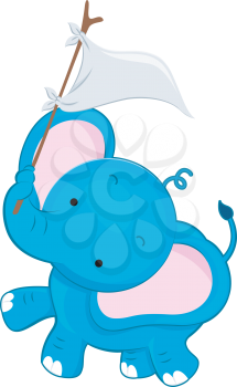 Royalty Free Clipart Image of an Elephant Waving a White Flag With Its Trunk