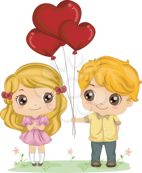 Royalty Free Clipart Image of a Boy Giving a Girl Balloons