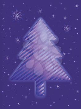 Royalty Free Clipart Image of a Striped Christmas Tree on a Snowflake Background