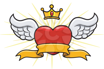 Royalty Free Clipart Image of a Winged Heart With a Crown and Pennant