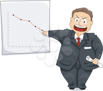 Royalty Free Clipart Image of an Angry Boss Pointing to a Falling Graph Line