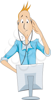 Royalty Free Clipart Image of a Man At at Computer With a Stethoscope