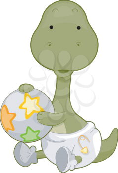 Royalty Free Clipart Image of Cute Baby Brontosaurus Holding a Ball