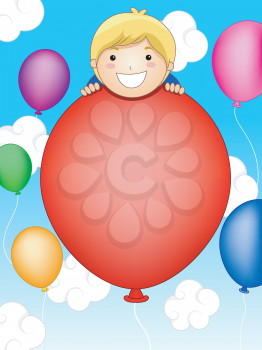 Royalty Free Clipart Image of a Little Boy on a Balloon in the Sky With Other Balloons