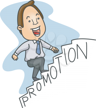 Royalty Free Clipart Image of a Man Climbing the Stairs With Promotion on Them