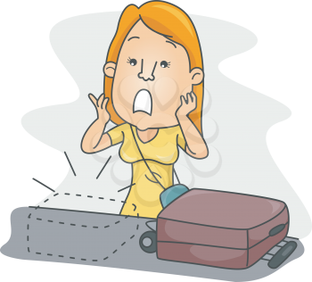 Royalty Free Clipart Image of a Woman Beside Luggage Looking Upset