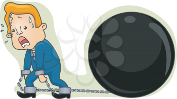 Royalty Free Clipart Image of a Man With a Ball and Chain Attached to Him