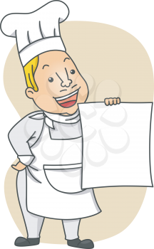 Royalty Free Clipart Image of a Chef Holding a Blank Menu
