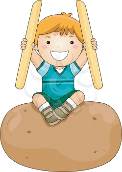 Royalty Free Clipart Image of a Boy on a Potato Holding French Fries