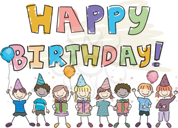 Royalty Free Clipart Image of Children on a Happy Birthday Message