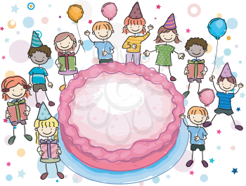 Royalty Free Clipart Image of Children Around a Birthday Cake