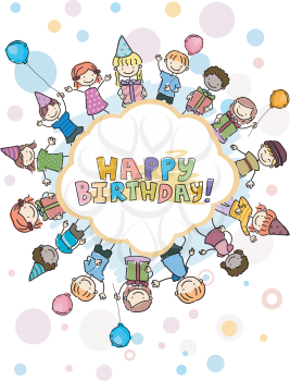 Royalty Free Clipart Image of Children Around a Birthday Greeting