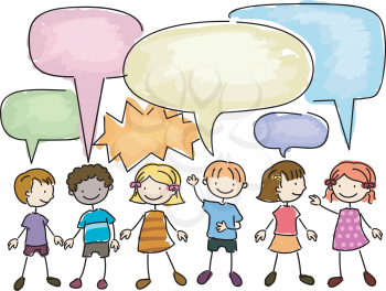 Royalty Free Clipart Image of a Group of Children With Speech Bubbles