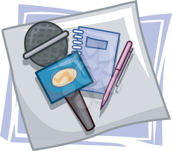 Royalty Free Clipart Image of a Microphone, Book and Pen