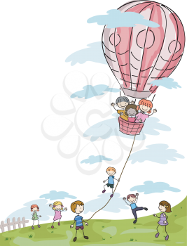 Royalty Free Clipart Image of Children Flying in a Hot Air Balloon