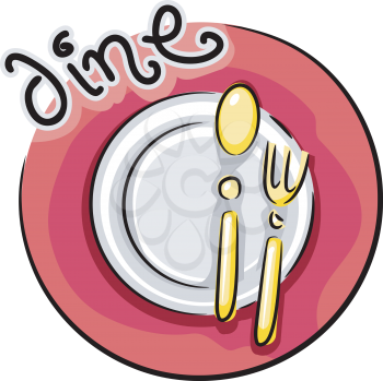 Royalty Free Clipart Image of a Plate, Fork and Spoon Under the Word Dine