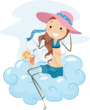 Royalty Free Clipart Image of a Girl on a Cloud