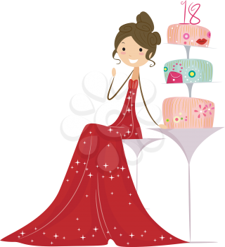 Royalty Free Clipart Image of a Girl Sitting Next to a Cake
