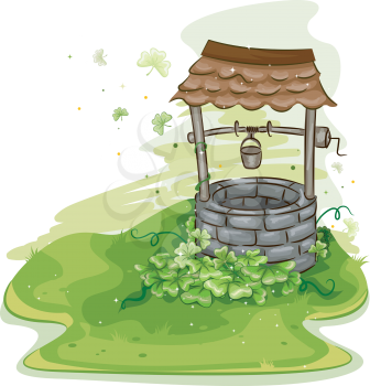 Royalty Free Clipart Image of a Well Surrounded by Shamrocks