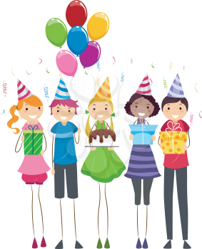 Royalty Free Clipart Image of Teens With Birthday Gifts