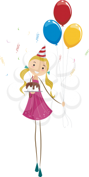 Royalty Free Clipart Image of a Girl Holding a Birthday Cake and Balloons