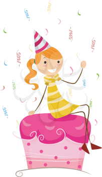 Royalty Free Clipart Image of a Girl Sitting on a Pink Cake