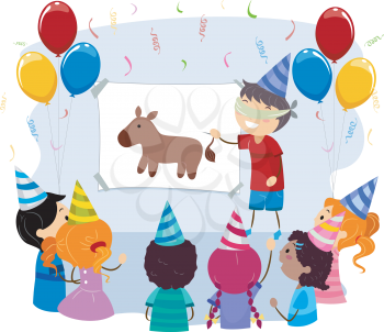 Royalty Free Clipart Image of Children Playing Pin the Tail on the Donkey