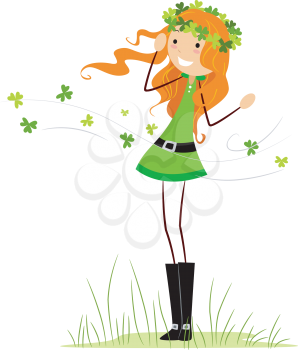 Royalty Free Clipart Image of a Girl in Green With a Shamrock Crown