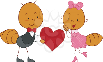 Royalty Free Clipart Image of a Male Ant Giving a Female Ant a Heart
